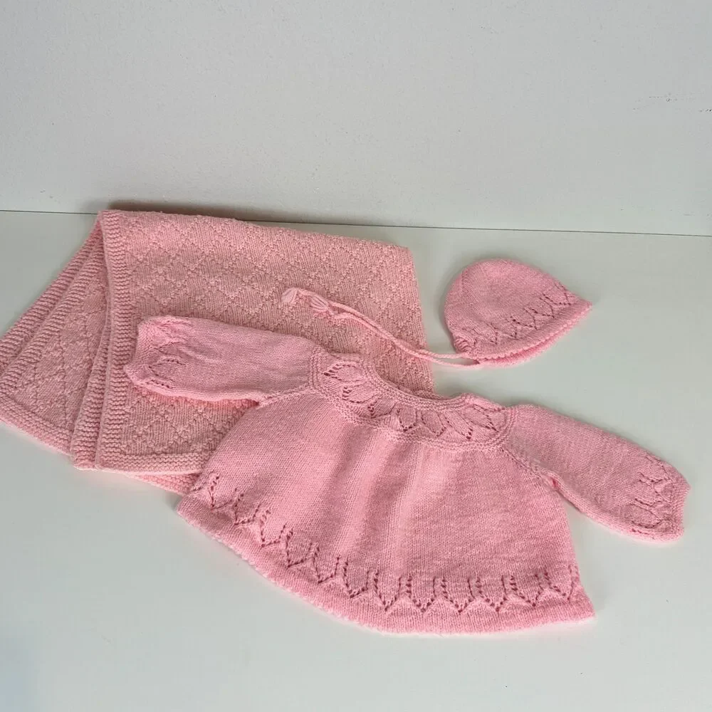 Vintage Handmade Knit Pink Baby Doll Blanket, Dress & Bonnet Set, 1970s EUC